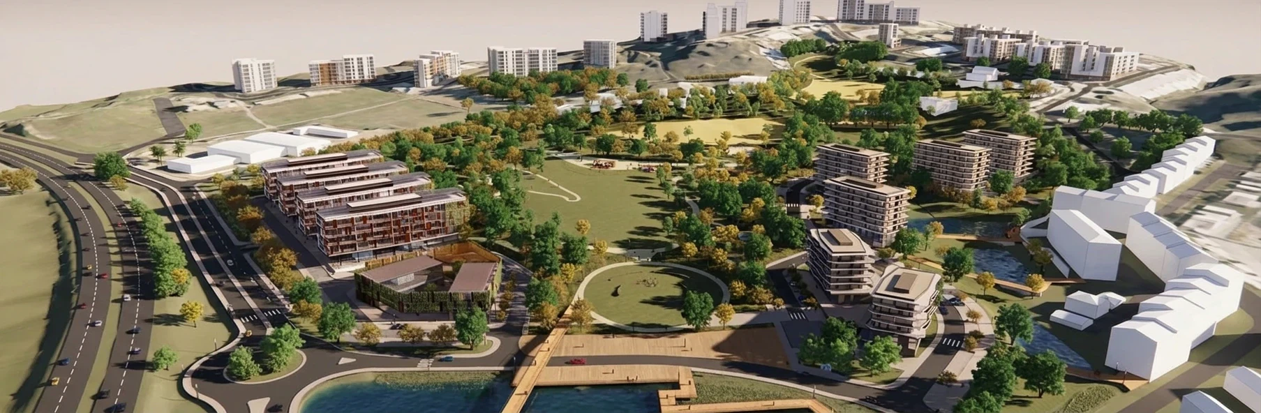 Render do conjunto proposto visto de sudoeste: a EN8 e a rotunda em primeiro plano, o parque empresarial à esquerda, o parque urbano ao centro e os edifícios de habitação sobre a linha de água, à direita.